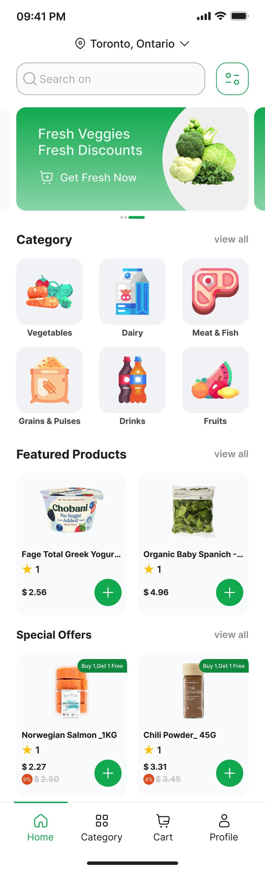 Fresh Drop home screen with categories and featured products