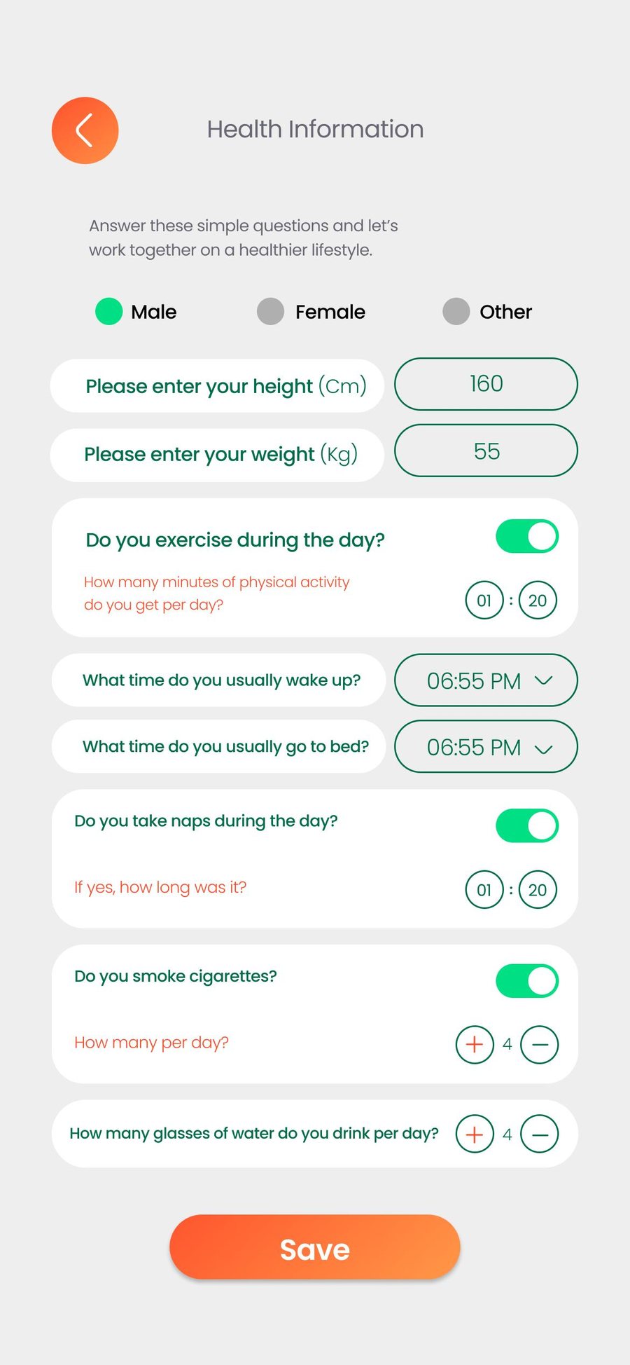 Health information form for height, weight, exercise, sleep, smoking, and water